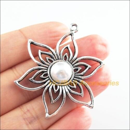 5Pcs Tibetan Silver Tone Retro White Acrylic Sun Flower Charms Pendants 37.5x47.5mm