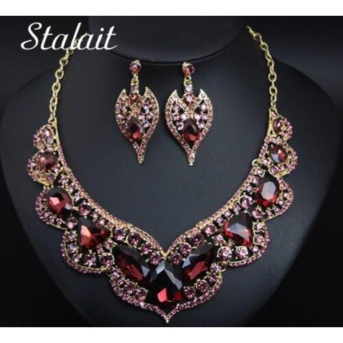 Demure Luxury Bridal Jewelry Sets Full Purple Water Drop Shape Crystal Necklace Earrings Clavicle Gold Color Dress Accessories