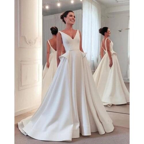 Long Satin Double V Neck Wedding Dresses for Bride 2020 A Line Bridal Gowns vestido de noiva