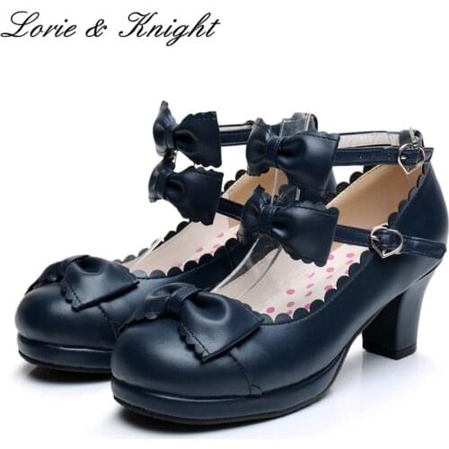 Japanse Harajuku Sweet Princess Girls Double Bowtie Straps Chunky High Heel Lolita Shoes