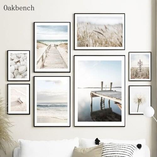 Sea Beach Sand Dune Canvas Painting Shell Wall Art Poster Reed Grass Drawing Print Nordic Wall Picture For Living Room Decor