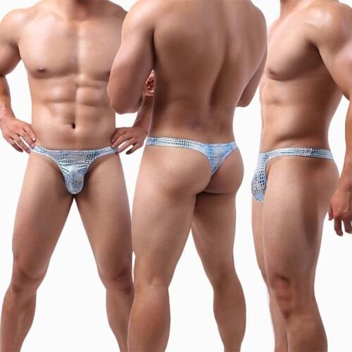 Sexy Underwear Men G-Strings Breathable Snake Print Faux Leather Underpants Low-Rise Narrow-Side T-Back Male Briefs New 2020