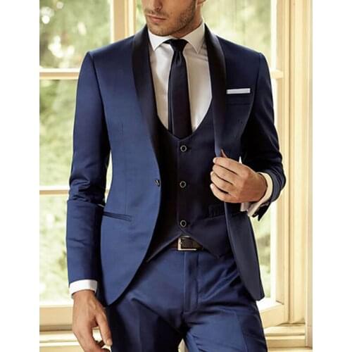 Costume Homme New Arrival Dark Blue Men Suit Slim Fit 3 Piece Groom Shawl Lapel Tuxedo Custom Suits Party Blazer Terno Masculino