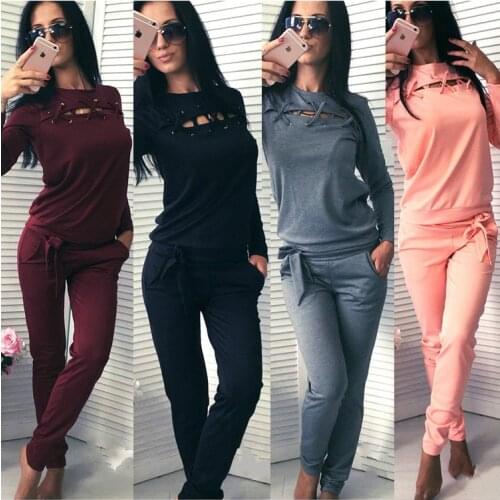 Neatie kiddie Solid Spring Autumn Womens Sweatshirt Top+Long Length Pants Two Pieces Suits Clothes Fashion Patchwork Suits Lady