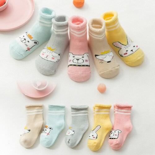 5 Pair Baby Socks Newborn Infant Boy And Girls Comfort Cotton Terry Socks Thick Animal Cartoons pattern
