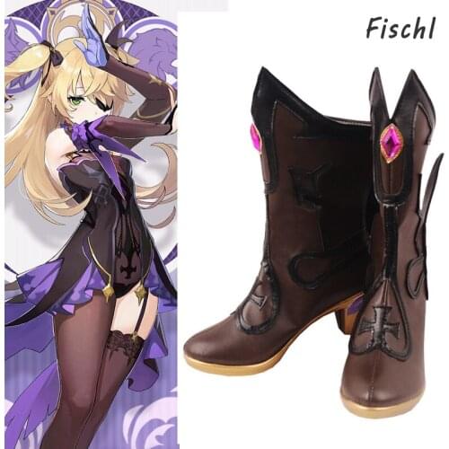 Game Anime Genshin Impact Fischl Cosplay Shoes Dress Up Shoes Halloween Shoes Women Shoes Boots Artificial Leather Shoes