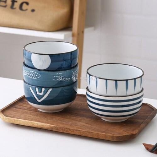 Japanese-style Hand-painted Ceramic Rice Bowl, Creative Underglaze Color Noodle Bowl Tableware 4.5 Inch Ceramic Salad Bowl