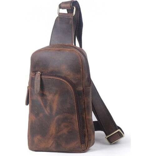 Men Original Leather Casual Fashion Chest Sling Bag Brown Design Travel Triangle One Shoulder Cross Body Bag Daypack Male Bag