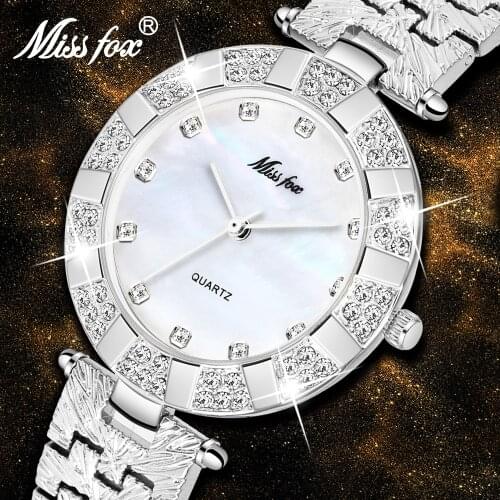 Top Brand MISSFOX Watch Ladies Classic Simple Analog Quartz WristWatch Pearl Dial Sliver Color Case Waterproof Clock Women Gifts