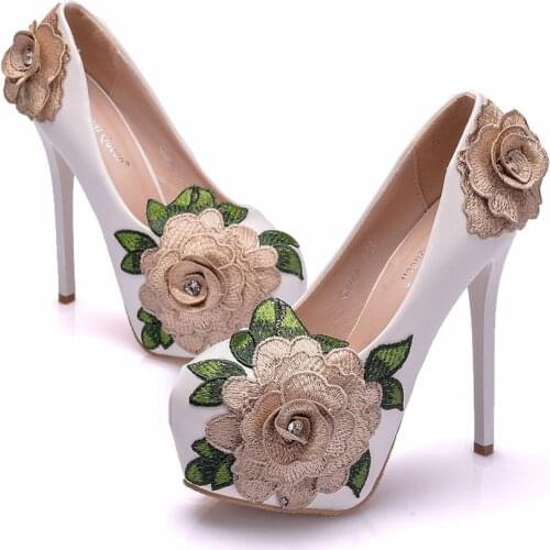 Platform Pumps Dress Wedding Shoes Brand Designer Sexy Round Toe High Heel Shoes Woman Party Pumps Lace Flower