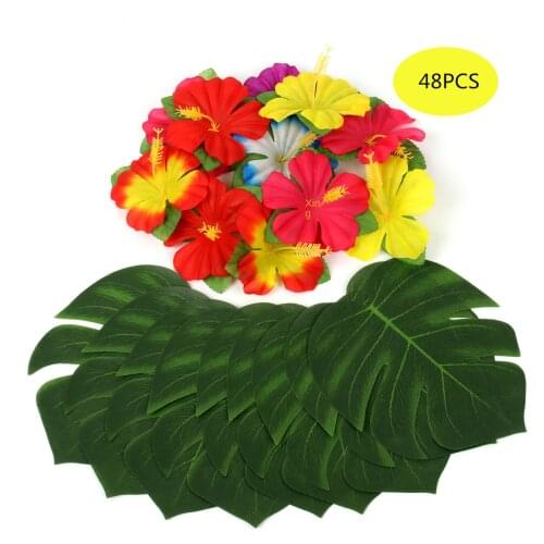 Hawaiian Theme Decoration Simulation Turtle Back 48pcs Set 24 Turtle Back Leaves 24 Hibiscus Flowers