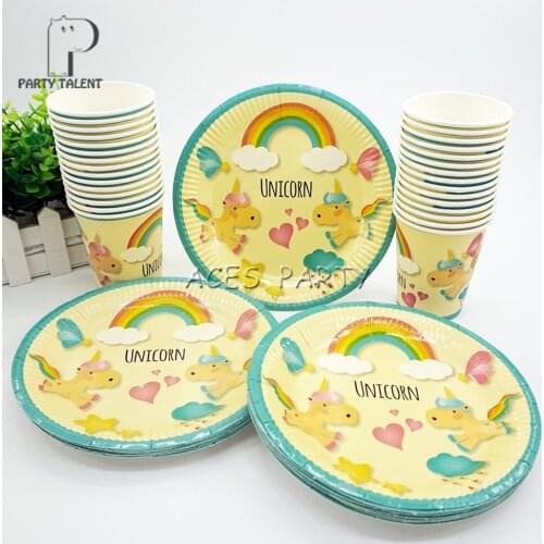 Party supplies 48pcs Unicorn Pony theme party kids birthday party tableware set, 24pcs plates dishes and 24pcs cups glasses