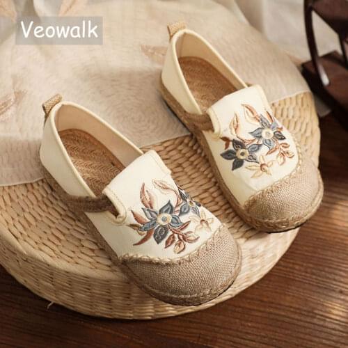 Veowalk Women Patchwork Canvas Linen Loafers Handmade Ladies Casual Slip On Sneakers Embroidered Flat Espadrilles Hemp Shoes