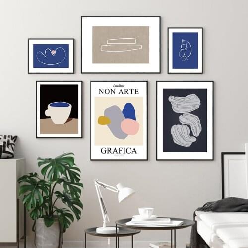 Vintage Abstract Blue Beige Sketch Geometric Posters Canvas Painting Wall Art Print Picture for Living Room Home Decoration