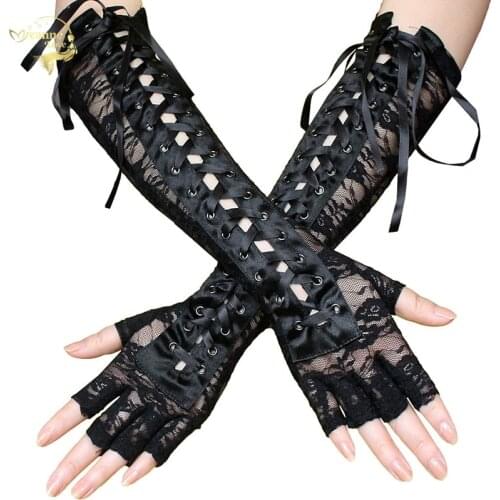 1 Pair Women Gothic Long Gloves Half Finger Black Punk Hip Pop Disco Mittens Lacing Gloves Clubwear Dance Cosplay Party Costumes