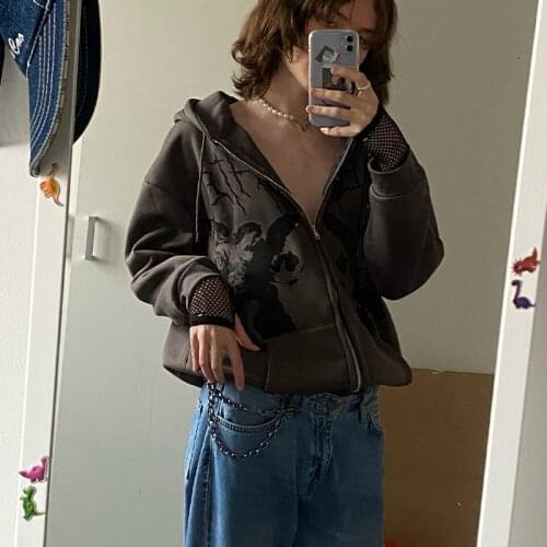 2021 Women Hip-hop Streetwear Hoodies Unisex Angel Print Brown Zipper Hoodie Women Y2k Harajuku Punk Oversized Jacket Sweatshirt