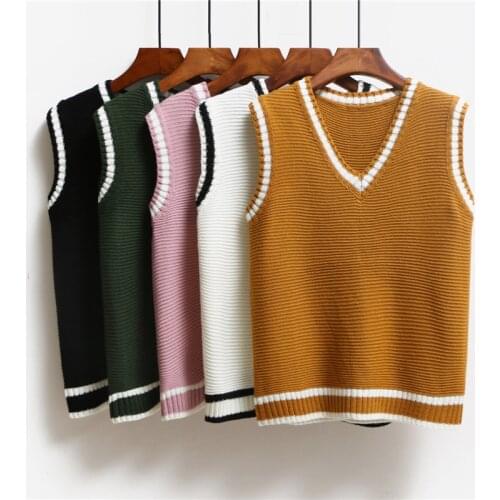 V-Neck Spliced Knitted Vest Women Casual Loose Pullover Sweater 2021 Spring Autumn New Solid Basic Sleeveless Tank Tops