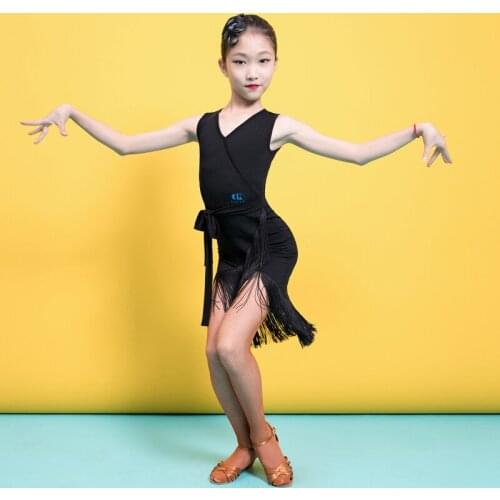 Girls Latin Dance Dress Summer Black Sleeveless Fringe Competition Dance Costumes Briefs Inside Ballroom Practice Dancewear 3361
