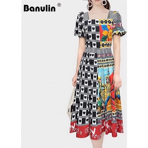Banulin 2021 Summer Fashion Runway Midi Dress Womens Puff Short Sleeve Vintage Floral Print Holiday Midi Elegant Dress N61563