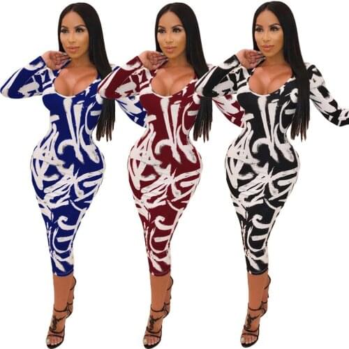 Sexy Fashion Bodycon Long Sleeve Dress Women Graffiti Print O Neck Ladies Dresses Womans Clothing Summer Spring Steetwear 2021