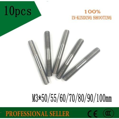10PCS M3 304 Stainless Steel Double End Threaded Screw Headless Double Thread Studs Bolt M3*50/55/60/70/80/90/100 mm