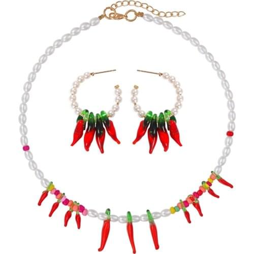 2021 Fashion Red Chili Pepper Necklaces for Women Bohemian Beads Handmade Pearls Stone Collar Choker Necklaces Jewelry Gift