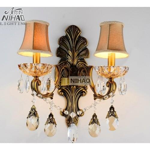 Antique Brass Wall Sconces Crystal Light Fixture 2 Arms Vintage Home Lighting Wall Bracket Bra Light