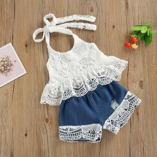 Kids Baby Girls Clothes Set Summer Children White Halter Sleeveless Ruffle Tops Lace Stitching Denim Shorts Kids Outfits 0-6Y