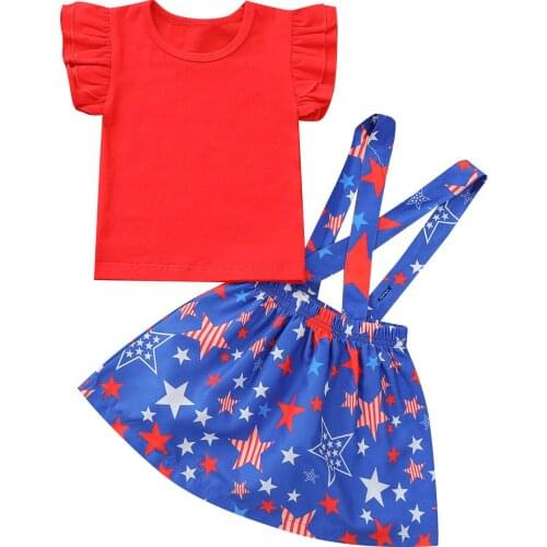Kid Short-sleeved + Strap Skirt, Independence Day Print, Classic Round Neck Summer Clothing 6M-4T