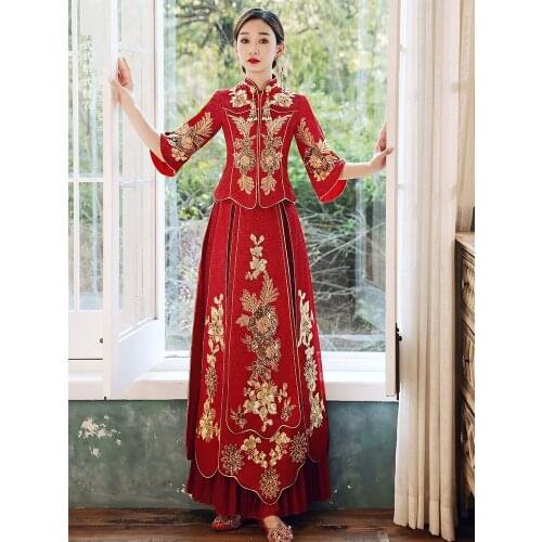 FZSLCYIYI Exquisite Embroidery Applique Tassel Chinese Bride Wedding Dress Cheongsam Elegant Marriage Qipao Gowns