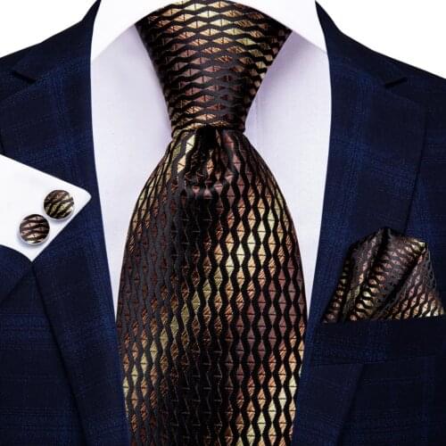 Hi-Tie Brown Striped Novelty Silk Wedding Necktie For Men Handky Cufflink Fashion Design Tie For Men Business Party Dropshiping