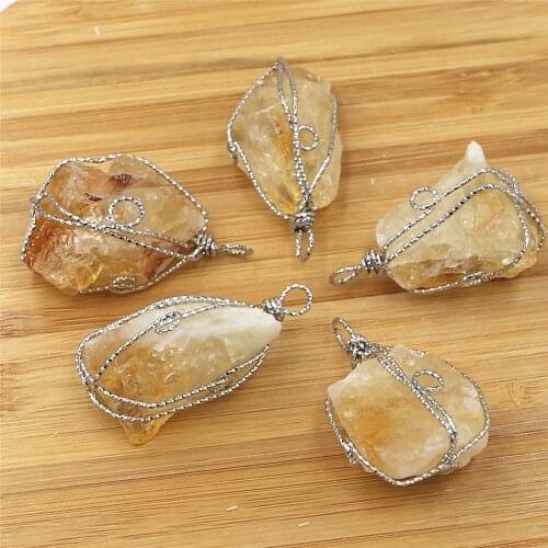 Hot 6 Pcs/box Wholesale Natural Stone Chakra Aura Female Jewelry Making Raw Ore Thread Wrapped Irregular Citrines Pendant