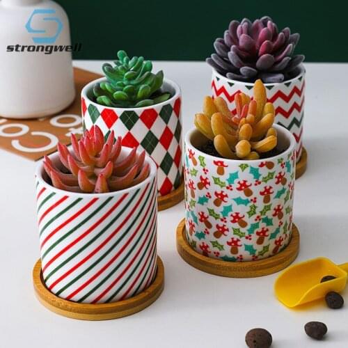 Nordic Creative Ceramic Succulent Flower Pot With Wooden Home Garden DecorationTray Fashion Ethnic Style Potted Plant
