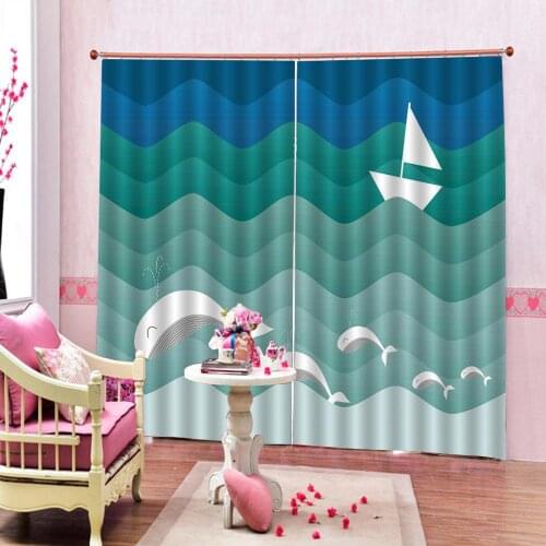 Cute Smiling Happy dolphin Swimming in Wavy Sunny Ocean Cartoon Fabric Window Curtains For Childrens room Indoor Decor