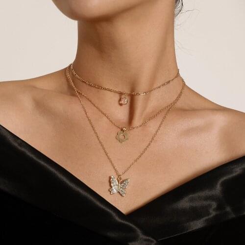 Multi-layer Fashion Drop Water Hollow Flower Crystal Butterfly Necklace Pendant Women Personality Short Choker Necklace Jewelry
