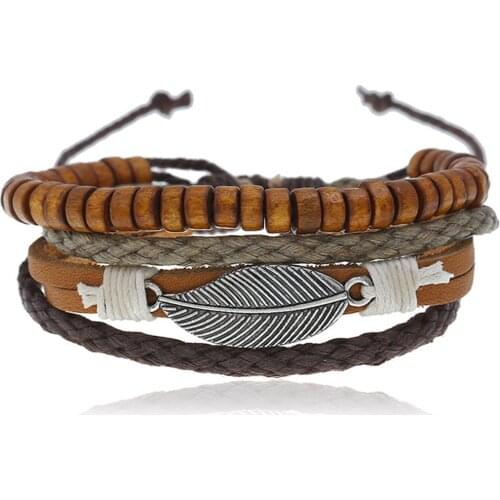 Leaf Wood Beads Multilayer Vintage Punk Handmade Weave Women Leather Men Bracelets Female Male Jewelry Wholesale