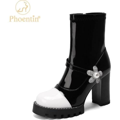 Phoentin Retro round toe short boots 2021 Autumn Winter platform shoes womens fashion high heel Ankle boot plus size 42 FT1651