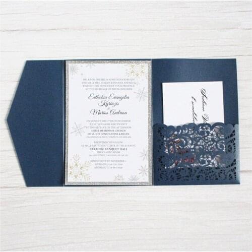 Navy and silver laser cut invitation tri-fold pocket personalized printing