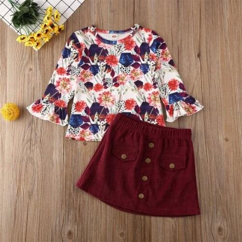 Toddler Kid Baby Girl Long Sleeve Top Floral Pullover T-shirt Short Button Corduroy Skirt Kids Girl Outfit Clothes Set