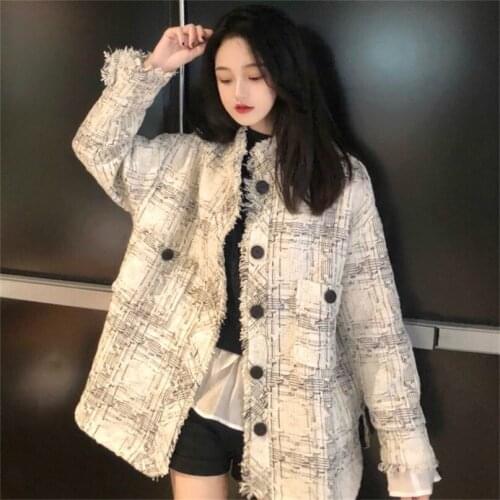 Spring and Autumn Womens New Loose Korean Long Sleeve Single-breasted Tweed Long Jacket Jacket TB181203