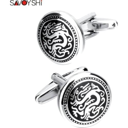 SAVOYSHI Vintage Dragon Pattern Cufflinks for Mens High Quality Cuff nails Round Black Enamel Cufflink Men Jewelry Gift Gemelos