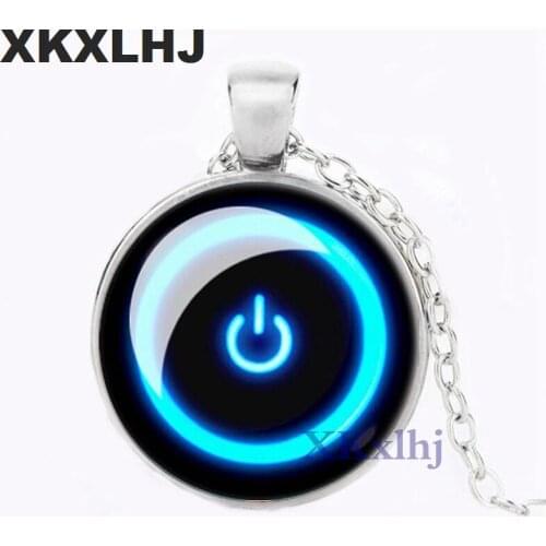 XKXLHJ Charms Power Button Necklace Glass Cabochon Art Pattern Pendant Neon Computer Necklaces For Mens Handmade Gift Jewelry
