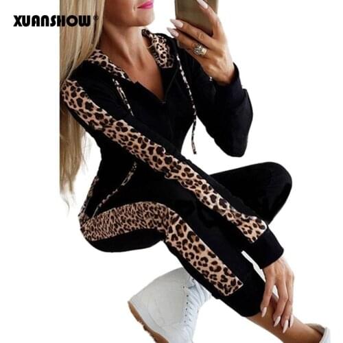 XUANSHOW Autumn Winter Fashion Tracksuit Women Splice Fleece Leopard Print Coat with Hood Two Pieces Set Hoodies Long Pants Suit