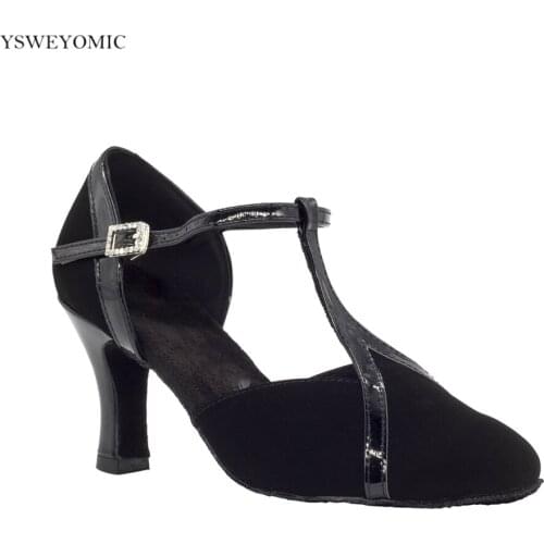 Closed Toe Latin Ballroom Dance Shoes Medium Heel 7cm Suede Outsole Black Leather Comfortable Standard Dancing Shoes For Women