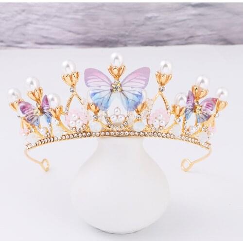 Crystal Princess Crown Rhinestone Tiara for Girls Birthday Wedding Model Catwalk Queen Crown Pearl Butterfly Decor Hair Jewelry