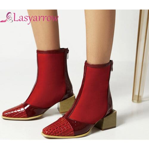 Lasyarrow Fashion Women Ankle Boots Autumn Winter Square Toe Zipper Short Boots Comfort Thick Heel Ladies Shoes Plus Size 48