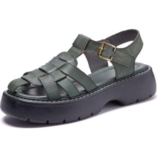 2021 Handmade Weave Genuine Leather Platform Sandals for Women Summer Flat Gladiator Sandals Female Comfort Thick Bottom Shoes