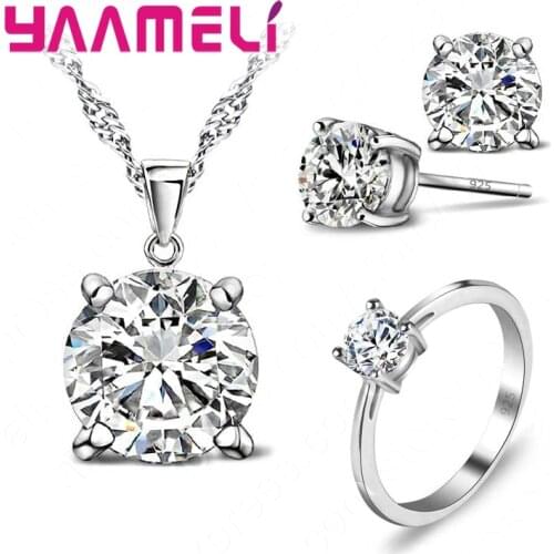 New Fashionable 925 Sterling Silver Clear Crystal Cubic Zirconia For Women Ladies Earrings Necklace Rings Jewelry Sets Present