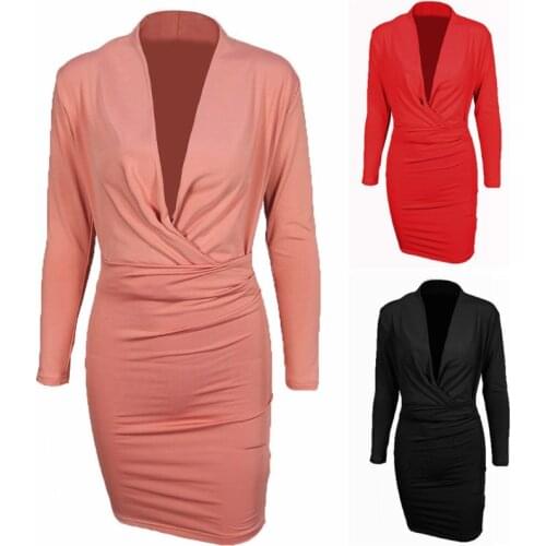 Womens Long Sleeve Deep V-Neck Bodycon Midi Long Dress Knee Length Solid Color Cross Wrap Empire Waist Cocktail Clubwear