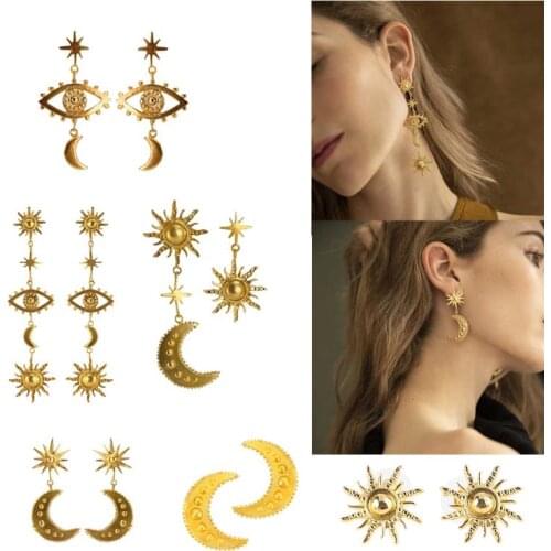 Golden Moon Star Earrings Evil Eye Charm Pendant Drop Earrings Women Fashion Jewelry